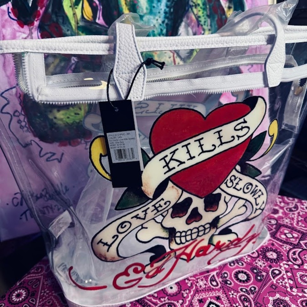 Ed Hardy Skull & Heart Motif PVC Tote Bag